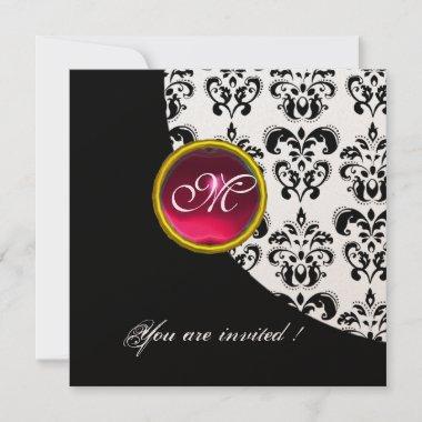 BLACK AND WHITE DAMASK MONOGRAM,red ruby,gold Invitations