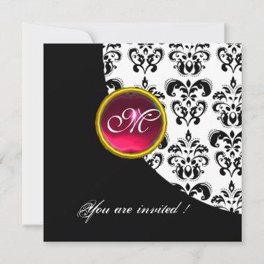 BLACK AND WHITE DAMASK MONOGRAM,red ruby, Invitations