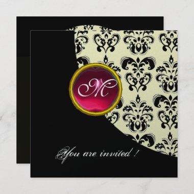 BLACK AND WHITE DAMASK MONOGRAM,red ruby,silver Invitations