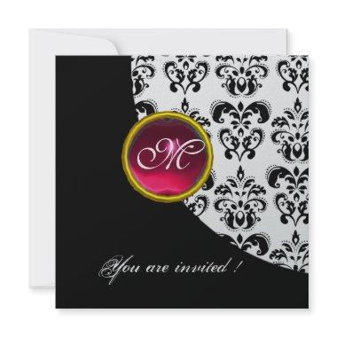 BLACK AND WHITE DAMASK MONOGRAM,red ruby,silver Invitations