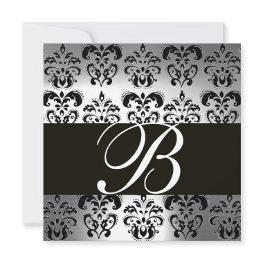 BLACK AND WHITE DAMASK MONOGRAM silver moonstone Invitations