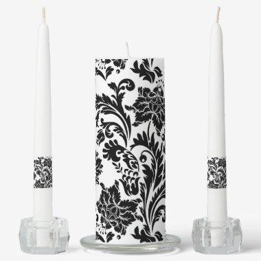 Black and white damask pattern pillar candle