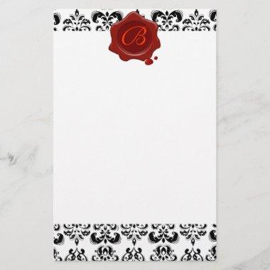 BLACK AND WHITE DAMASK , RED WAX SEAL MONOGRAM STATIONERY