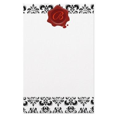 BLACK AND WHITE DAMASK , RED WAX SEAL MONOGRAM STATIONERY