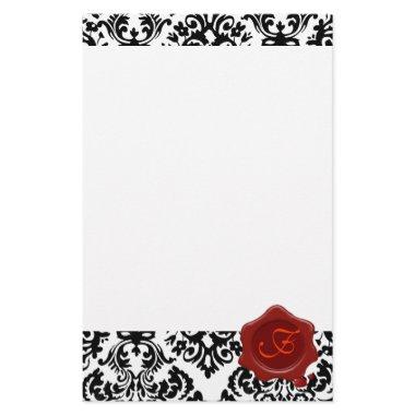 BLACK AND WHITE DAMASK , RED WAX SEAL MONOGRAM STATIONERY