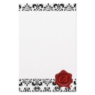 BLACK AND WHITE DAMASK , RED WAX SEAL MONOGRAM STATIONERY