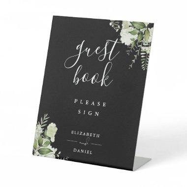 Black And White Elegant Floral Greenery Guest Book Pedestal Sign