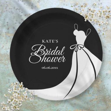 Black and White Elegant Gown Bridal Shower Paper Plates