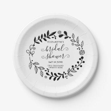 Black and White Floral Garland Bridal Shower Paper Plates