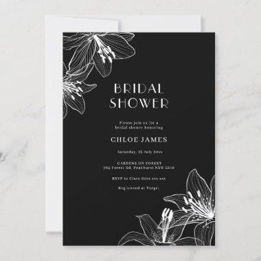 Black and White Floral Lilies Bridal Shower Invitations