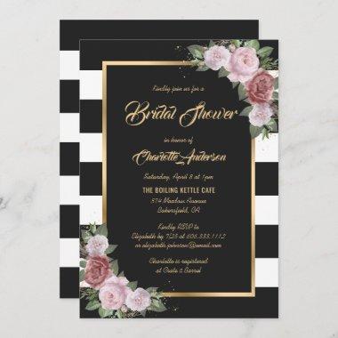 Black and White Gold Blush Floral Bridal Shower Invitations
