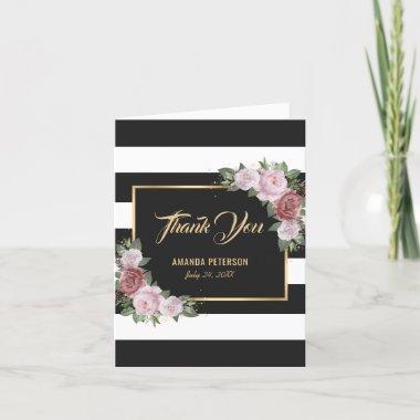 Black and White Gold Blush Floral Thank You Invitations