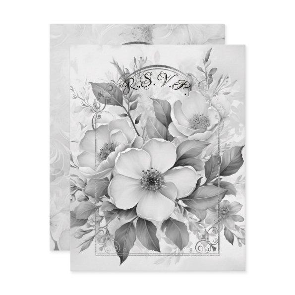 Black and White Monotone White Roses Gold Frame RSVP Card