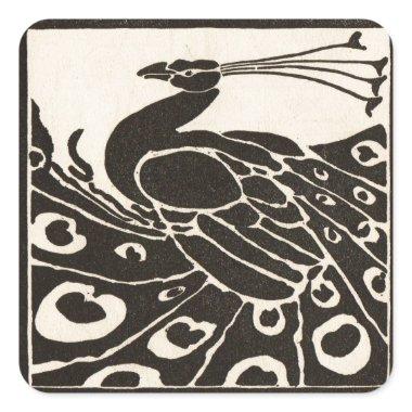 BLACK AND WHITE PEACOCK SQUARE STICKER