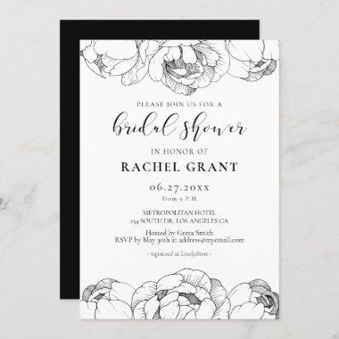 Black and white peonies Bridal shower Invitations
