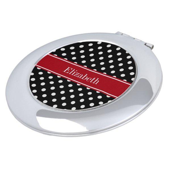 Black and White Polka Dots Cranberry Name Monogram Mirror For Makeup