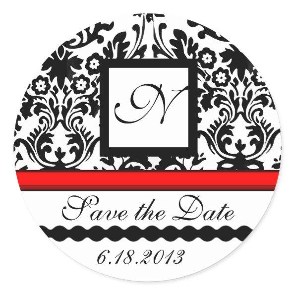 BLACK AND WHITE RED DAMASK MONOGRAM,Save The Date Classic Round Sticker