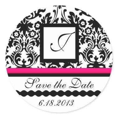 BLACK AND WHITE RED DAMASK MONOGRAM,Save The Date Classic Round Sticker