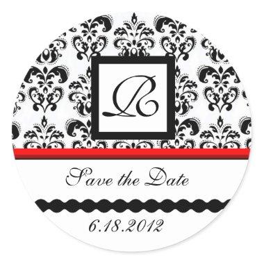 BLACK AND WHITE RED DAMASK MONOGRAM,Save The Date Classic Round Sticker