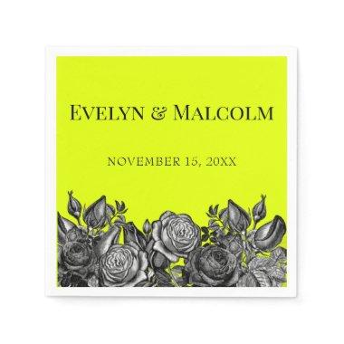 Black and White Roses Electric Lime Green Wedding Napkins