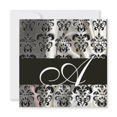 BLACK AND WHITE SILK DAMASK CLOTH MONOGRAM , white Invitations