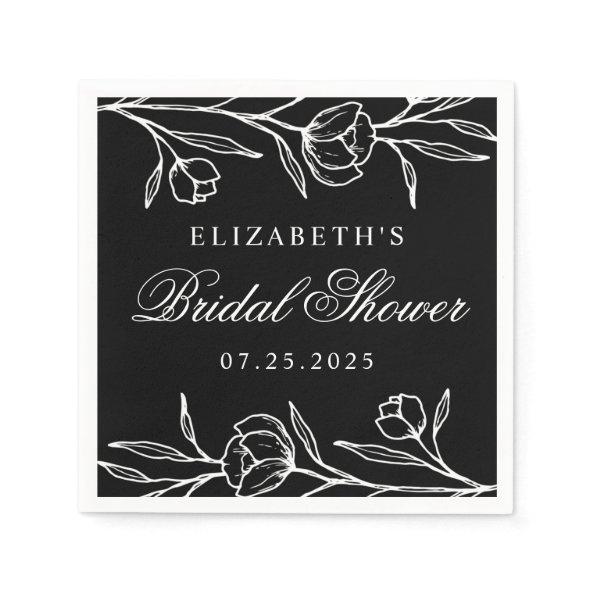 Black and White Sketched Floral Bridal Shower Napkins