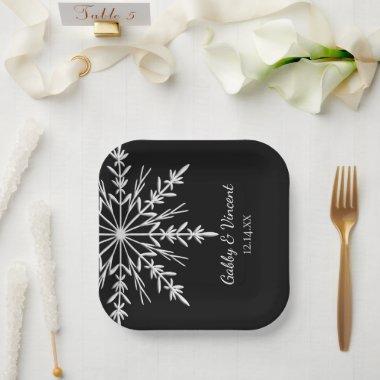 Black and White Snowflakes Winter Wedding Paper Plates