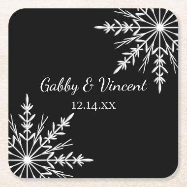 Black and White Snowflakes Winter Wedding Square Paper Coaster