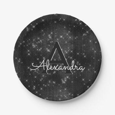 Black and White Sparkle Monogram Birthday Paper Plates