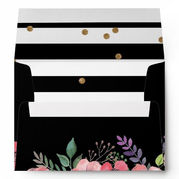 Black and white stripe, pink floral & gold glitter envelope