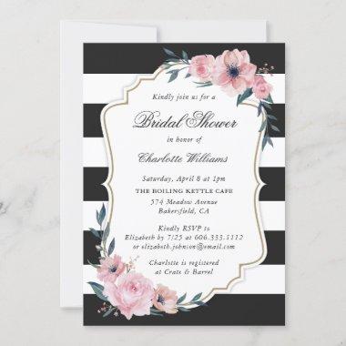 Black and White Striped Pink Floral Bridal Shower Invitations