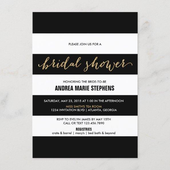Black and White Stripes Gold Glitter Bridal Shower Invitations