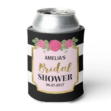 Black and White Stripes Pink Roses Bridal Shower Can Cooler