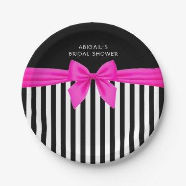 Black and white stripes with a hot pink satin bow paper plates