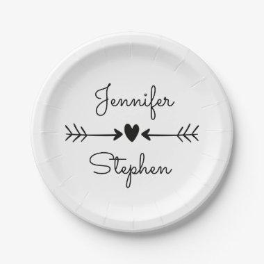 Black And White Wedding / Party Heart Love Arrow Paper Plates