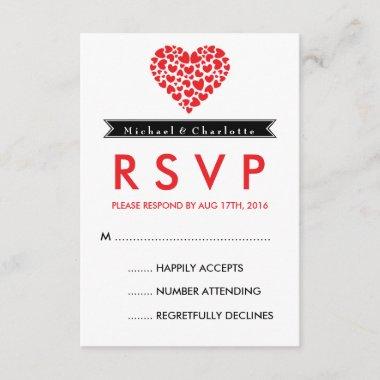 Black and White Wedding RSVP Card with Red Heart