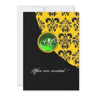 BLACK AND YELLOW DAMASK MONOGRAM,emerald green Invitations