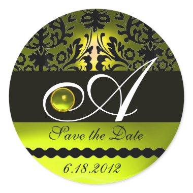 BLACK AND YELLOW DAMASK MONOGRAM, Topaz Classic Round Sticker