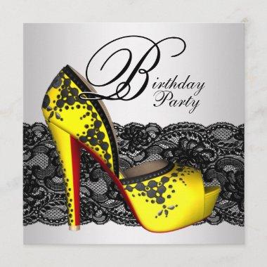 Black and Yellow High Heel Shoe Birthday Party Invitations