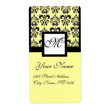 BLACK AND YELLOW SQUARE DAMASK MONOGRAM LABEL