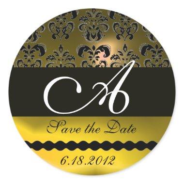 BLACK AND YELLOW TOPAZ DAMASK MONOGRAM, CLASSIC ROUND STICKER