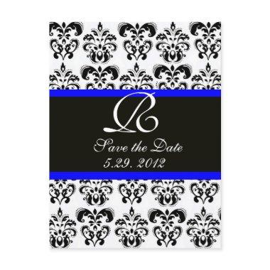 BLACK BLUE AND WHITE DAMASK MONOGRAM ANNOUNCEMENT POST