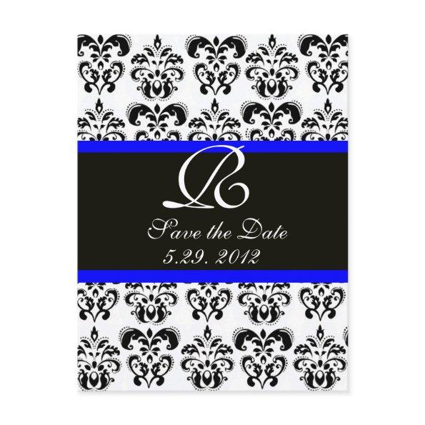BLACK BLUE AND WHITE DAMASK MONOGRAM ANNOUNCEMENT POST