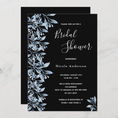 Black blue botanical script Bridal Shower Invitations