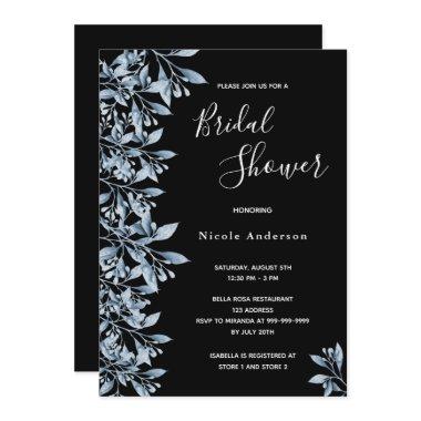 Black blue botanical script Bridal Shower Invitations