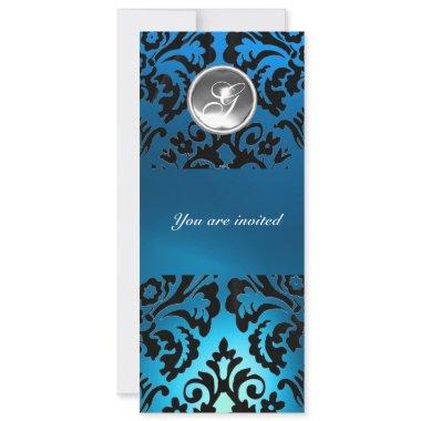 BLACK & BLUE DAMASK GEM STONE MONOGRAM white Invitations