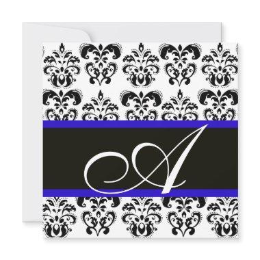 BLACK , BLUE & WHITE DAMASK MONOGRAM Invitations