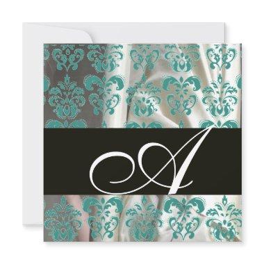 BLACK BLUE WHITE SILK DAMASK CLOTH MONOGRAM Invitations