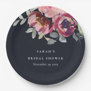 BLACK BLUSH BURGUNDY ROSE FLORAL BRIDAL SHOWER PAPER PLATES