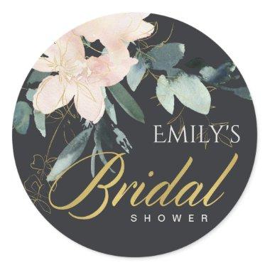 BLACK BLUSH FLORAL BUNCH WATERCOLOR BRIDAL SHOWER CLASSIC ROUND STICKER